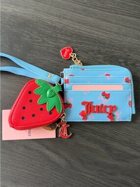 NWT Juicy Couture blue retro cherry bows wallet wristlet bag charm card case